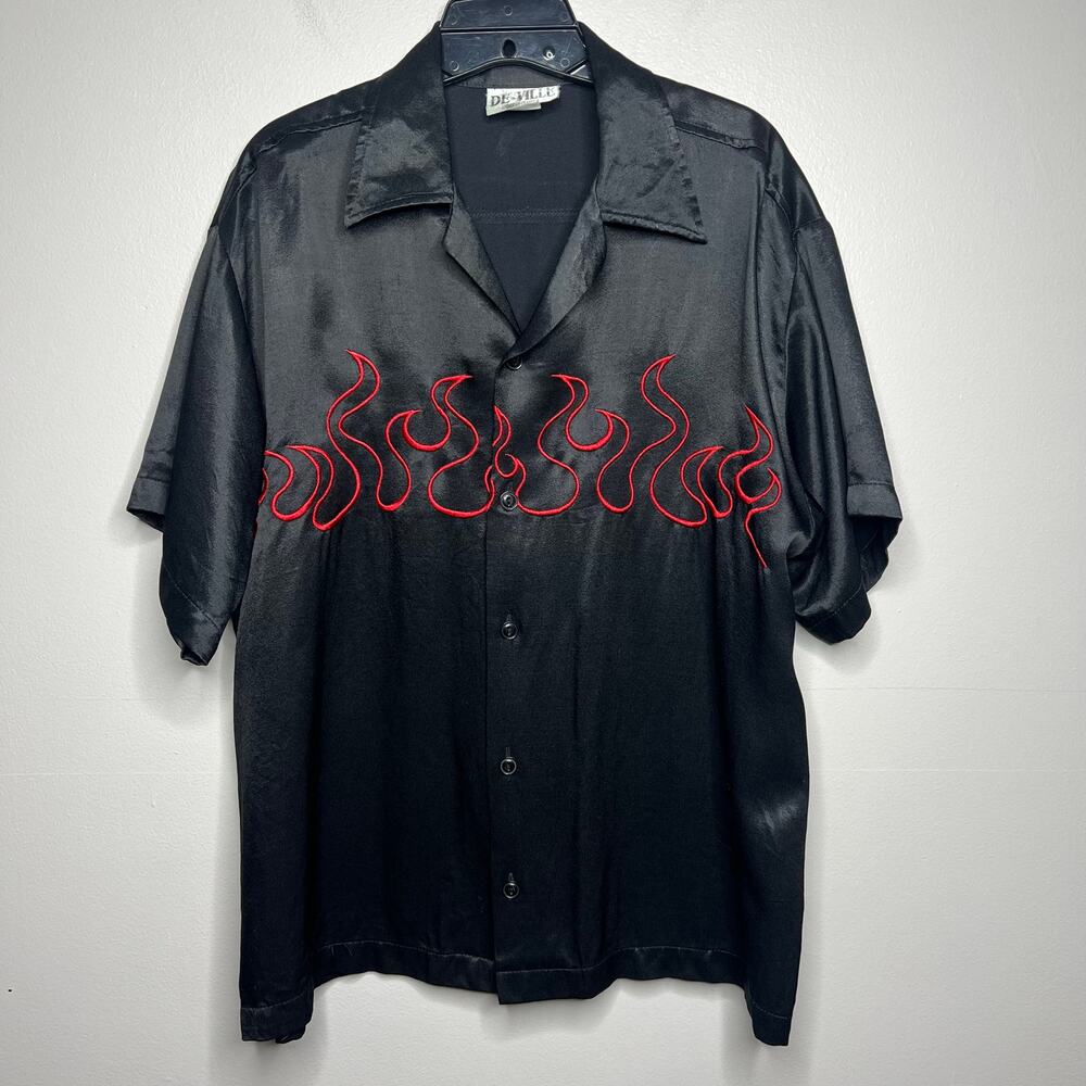 Vintage 90s DeVille Flame Pattern Black Silky Polyester Shirt USA Devil XL Retro